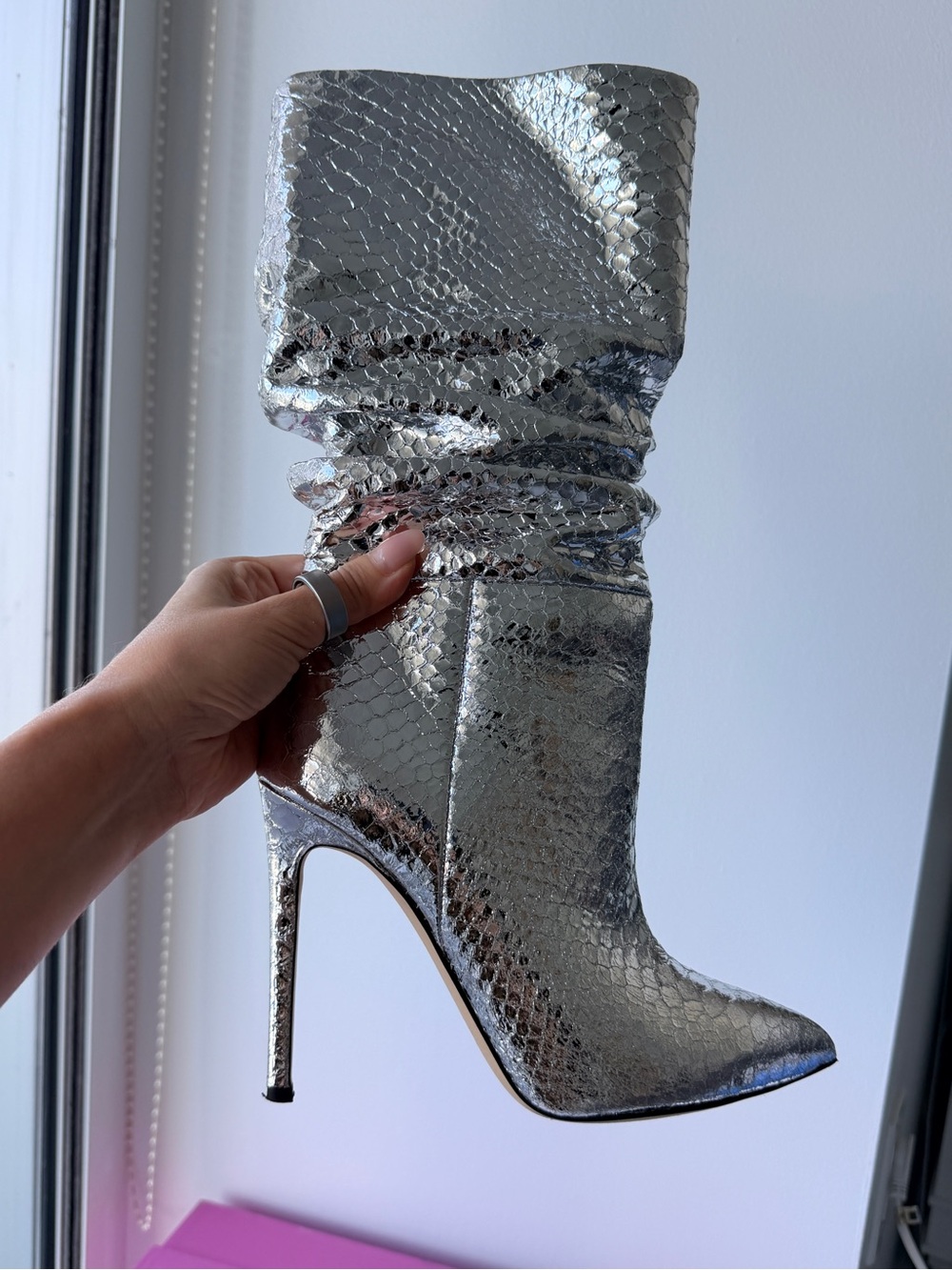 Paris Texas Silver Snake-Embossed Stiletto Boot